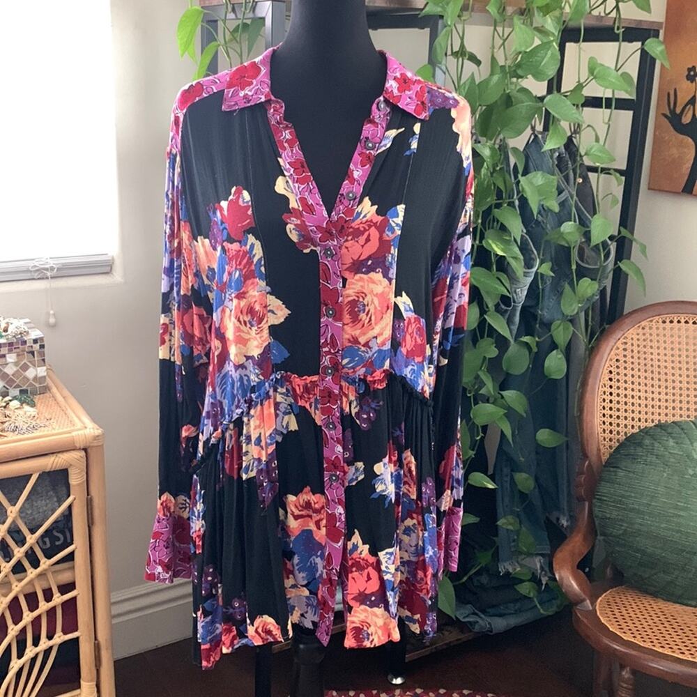 Free People Brunch A Bunch Purple Combo Floral Button Up Boho Tunic Mini Dress